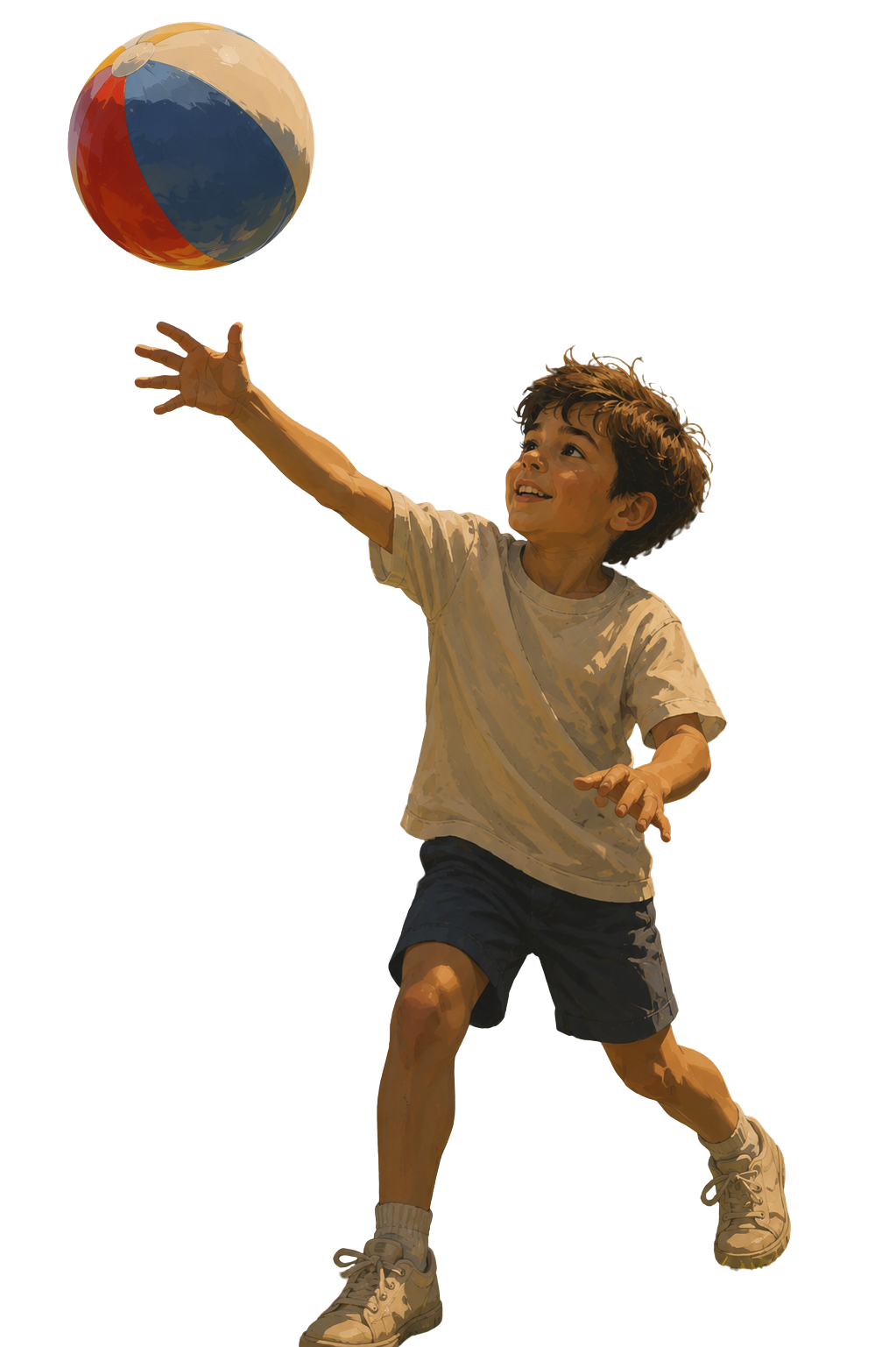 A child reaching up to catch a beach ball
