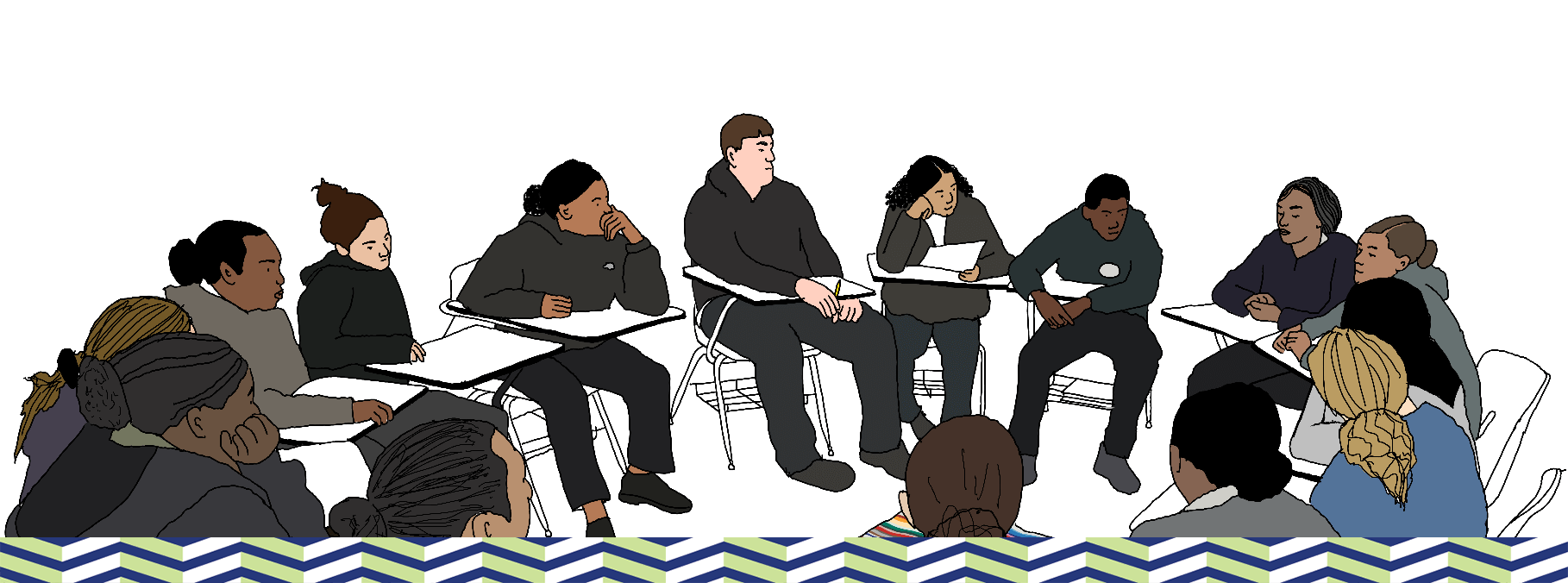 Illustration of a Zymbolic community session bringing students, educators, and families together