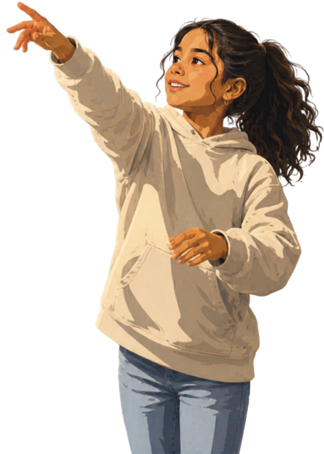 A student in a hoodie pointing ahead