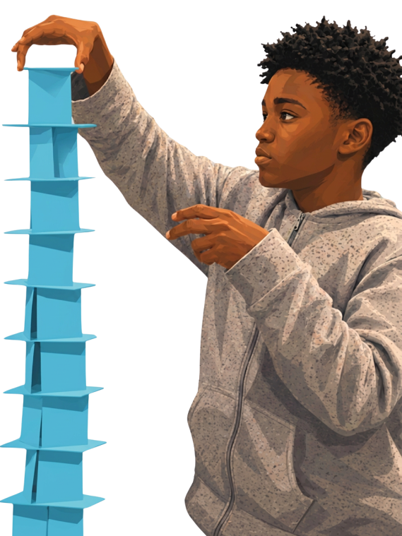 A student carefully stacking a tall tower of blue blocks