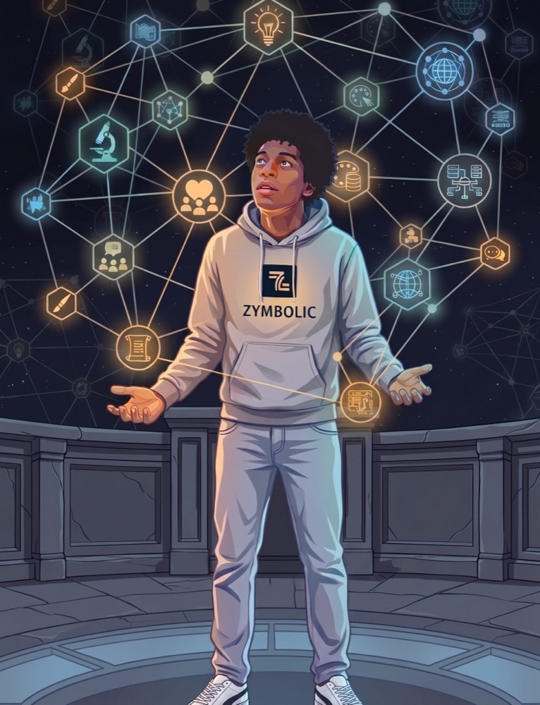 Illustration of a Zymbolic student surrounded by a glowing network of knowledge and skill symbols